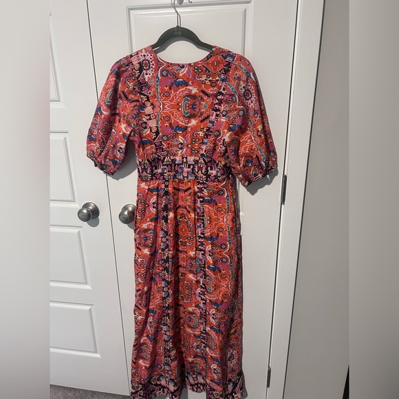 Anthropologie Orange and Red Puff Sleeve Maxi Dress Size 2 Boho - Picture 5 of 10